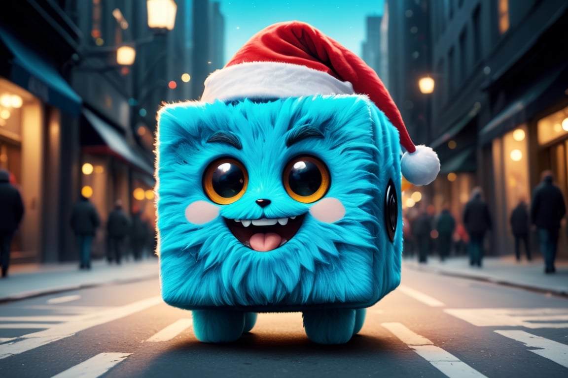 Amazing illustration of happy fluffy furry cyan cube toy with eyes wearing santa hat and celebrating new year on the New Y...