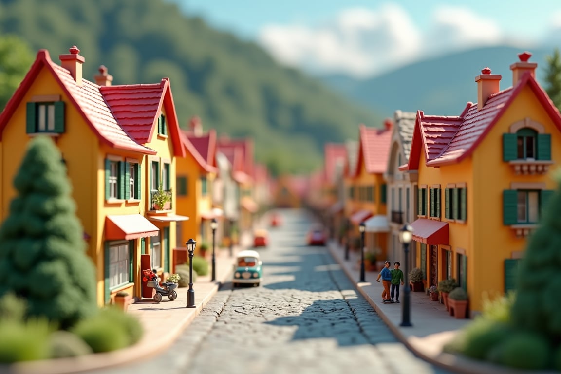 Create a high-quality, crisp, and detailed image of a miniature 3D diorama close-up view. The scene should depict a charming and adorable Barbi town. Each tiny building and street should be intricately detailed, showcasing the fine craftsmanship. The buildings should be made of colorful, painted materials, with clear windows, petite doors, and charming rooftop designs. The streets should feature small-scale lampposts, cobblestone paths, and tiny trees. Include miniature figures of people and vehicles to add life to the scene. Ensure that the overall atmosphere feels whimsical and inviting, capturing the essence of a cute and lively town.