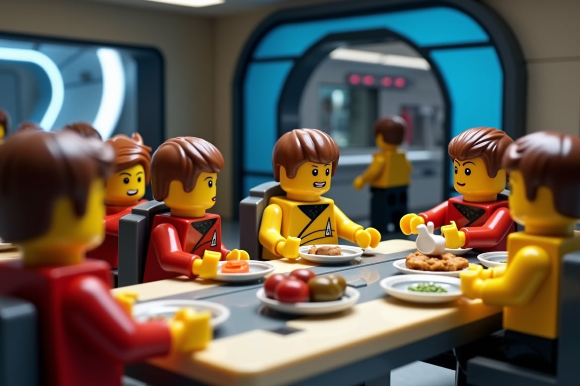 A movie scene from Star Trek, reimagined in the LEGO style. Capture an exceptionally high-quality, detailed photo with outstanding sharpness and depth of field. The image should feature bright, vivid colors to enhance the LEGO aesthetic. The scene is set in the starship's dining area, where characters are engaged in various activities related to dining. Some characters are seated at the table, enjoying a variety of LEGO-style foods, while others are near a futuristic 3D food printer, observing or interacting with it. Additionally, include a character washing dishes at a sink, adding to the dynamic and lively environment of the scene. Ensure that each LEGO figure is expressive and animated, conveying a sense of community and everyday life aboard the starship.