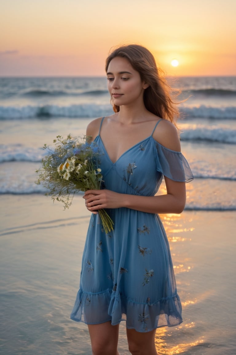 Professional photo shows a adorable young woman in a sheer short blue dress standing on the ocean at sunset on a summer day. She looks at the sunset, holding a small bouquet of wildflowers. It is quiet and calm around her, you can hear the sound of the surf and the singing of birds.