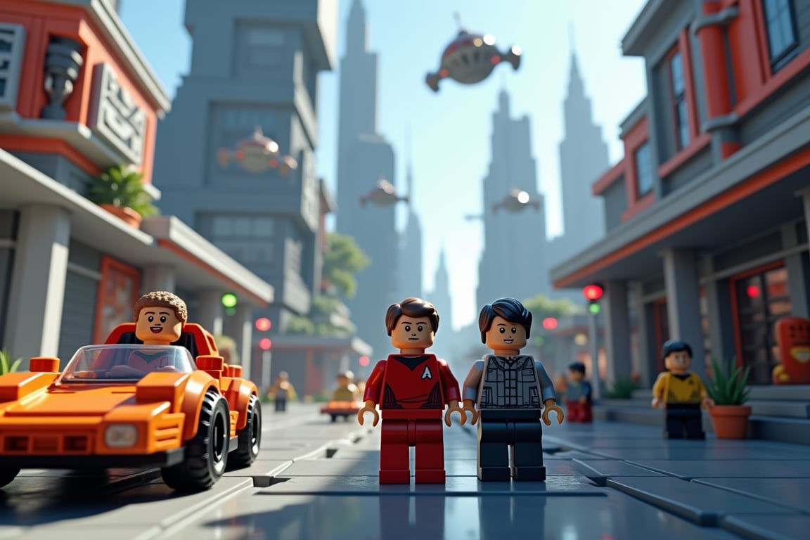 Create a highly detailed and photorealistic image inspired by a scene from the Star Trek movies, but rendered in a LEGO style. The image should be of exceptional quality, with ultra-high clarity and depth of field that adds to the immersive experience. The colors should be bright and vibrant, enhancing the futuristic aesthetic. In the scene, the characters are on a mission on a futuristic planet, showcasing an advanced urban infrastructure. This planet features sleek, futuristic buildings that tower above, complete with flying vehicles zipping across the skyline and various types of robots populating the environment. The scene should capture the bustling energy and advanced technology of this alien world, while maintaining the distinct charm and imagination of LEGO design.