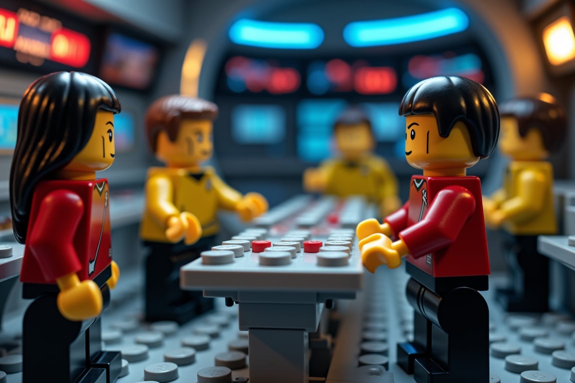 A highly detailed and high-resolution scene from a Star Trek film, reimagined in the style of LEGO. The image should exhibit exceptional clarity and sharpness, with a significant depth of field to enhance the three-dimensional appearance. The colors should be bright and vivid, capturing the iconic aesthetic of both Star Trek and LEGO. The scene takes place on the captain's bridge of a starship, with characters precisely positioned according to their roles in the storyline. Ensure that each character is crafted with distinct LEGO features while maintaining their recognizable characteristics from the Star Trek universe. The setting should be rich in intricate details, including the bridge's control panels, screens, and other technical equipment, all depicted in LEGO form. The lighting should be cinematic, highlighting the intensity and drama of the scene.