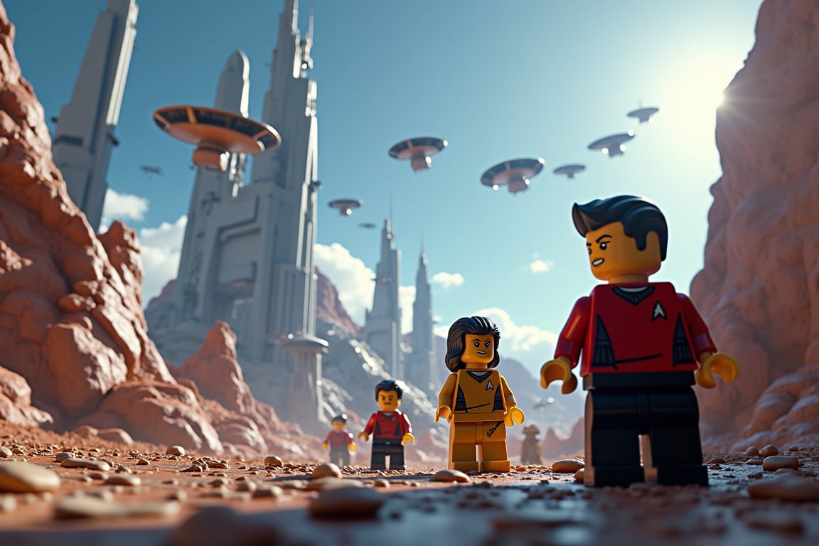 Create a highly detailed and photorealistic image inspired by a scene from the Star Trek movies, but rendered in a LEGO style. The image should be of exceptional quality, with ultra-high clarity and depth of field that adds to the immersive experience. The colors should be bright and vibrant, enhancing the futuristic aesthetic. In the scene, the characters are on a mission on a futuristic planet, showcasing an advanced urban infrastructure. This planet features sleek, futuristic buildings that tower above, complete with flying vehicles zipping across the skyline and various types of robots populating the environment. The scene should capture the bustling energy and advanced technology of this alien world, while maintaining the distinct charm and imagination of LEGO design.