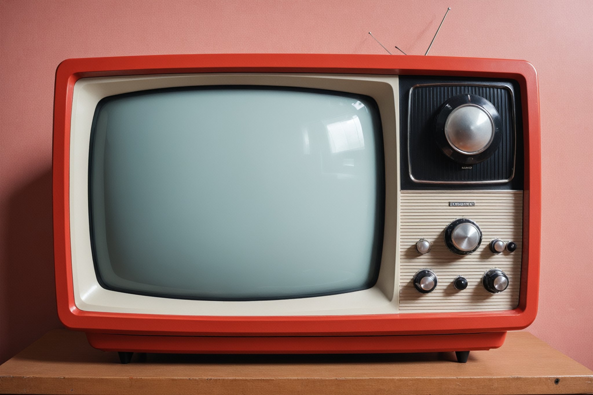 Retro style photo of an old TV. High-quality photo, rarity, magazines from the 1960s. Red metal body, white plastic channel adjustment knobs, convex kinescope. UHD, 8K, hish details. contrasted