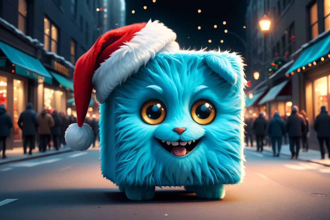 Amazing illustration of happy fluffy furry cyan cube with eyes wearing santa hat and celebrating new year on the New York...