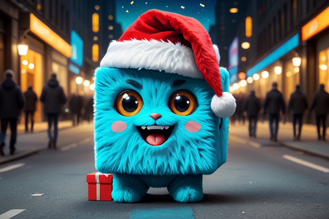 Amazing illustration of happy fluffy furry cyan cube toy with eyes wearing santa hat and celebrating new year on the New Y...
