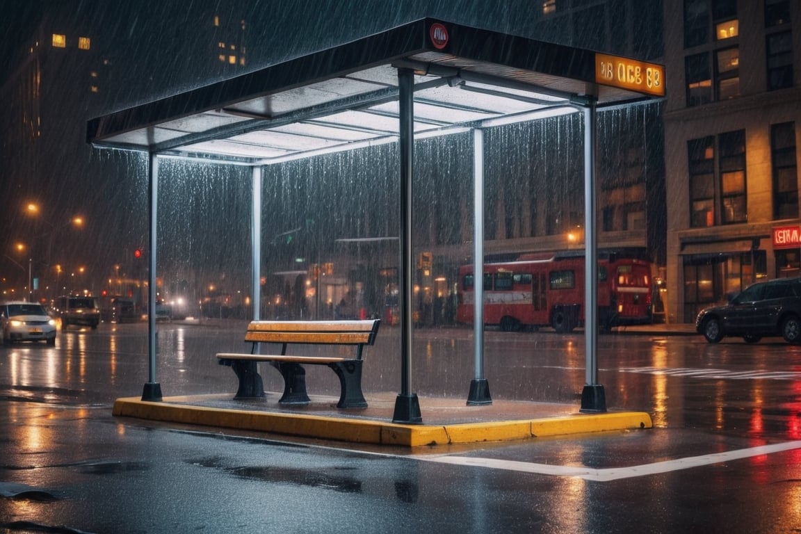 Cinematic photo of New York bus stop under the rain. Professional photo, UHD, 8K, detailed photo, masterpiece, great composition, best quality, contrasted