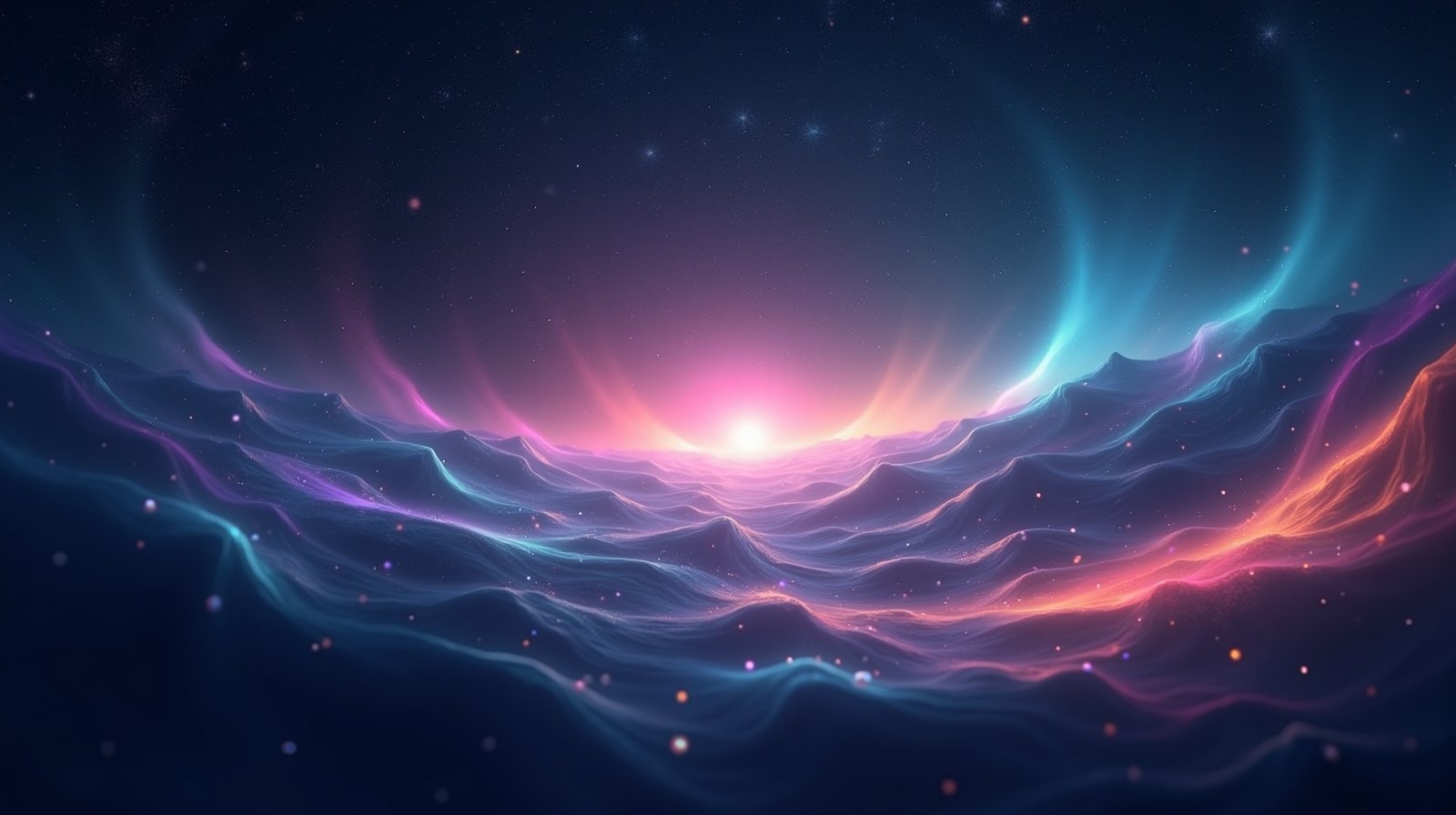 Create a captivating and serene desktop wallpaper that embodies the concept of a dark, cosmic expanse. The background should feature deep, rich shades of space that convey the vastness and mystery of the universe. Integrate subtle yet vibrant hints of rainbow colors, seamlessly blending them together to create a fluid and harmonious transition. These gentle hues should appear as if they are softly dancing across the cosmic canvas, enhancing the sense of tranquility. Introduce dynamic streams of energy and waves of light that flow gracefully through the scene, embodying a soothing and meditative ambiance. The composition should evoke a sense of healing energy, offering a visual respite and a calming influence to whoever gazes upon it. Ensure the overall design remains free of clutter and distractions, maintaining a focus on the ethereal beauty and peacefulness that a cosmic scene can convey.