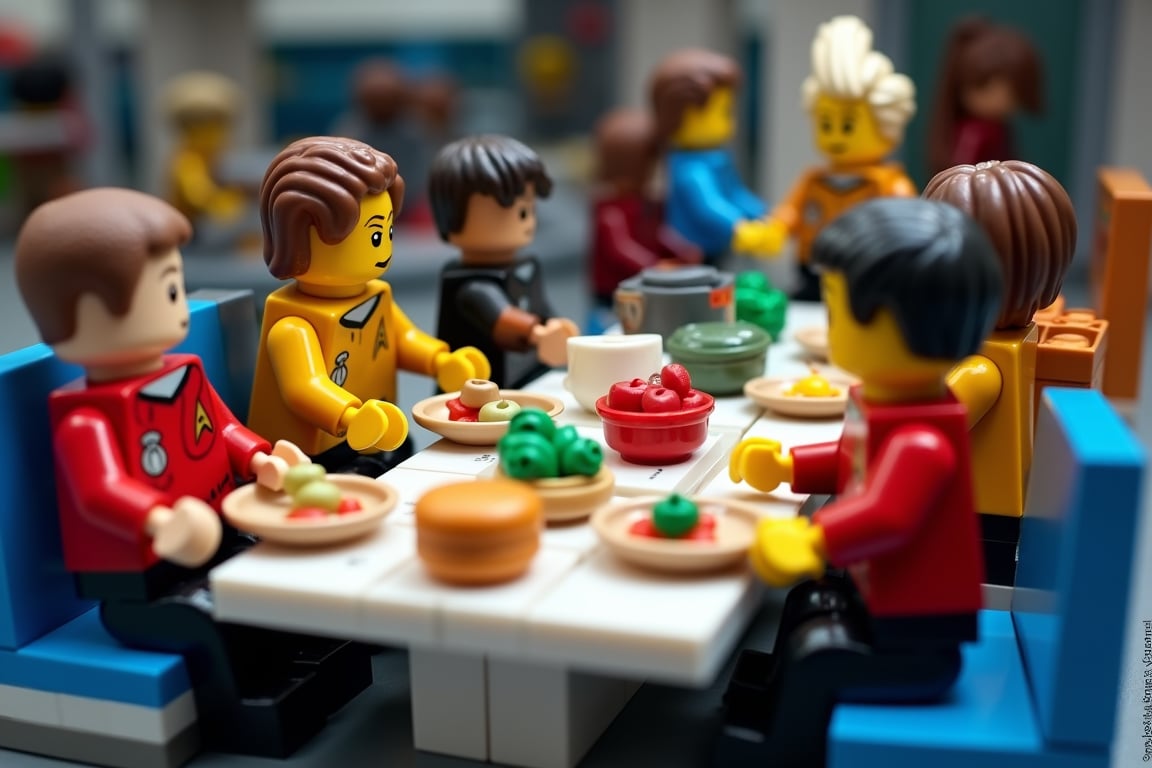 A movie scene from Star Trek, reimagined in the LEGO style. Capture an exceptionally high-quality, detailed photo with outstanding sharpness and depth of field. The image should feature bright, vivid colors to enhance the LEGO aesthetic. The scene is set in the starship's dining area, where characters are engaged in various activities related to dining. Some characters are seated at the table, enjoying a variety of LEGO-style foods, while others are near a futuristic 3D food printer, observing or interacting with it. Additionally, include a character washing dishes at a sink, adding to the dynamic and lively environment of the scene. Ensure that each LEGO figure is expressive and animated, conveying a sense of community and everyday life aboard the starship.