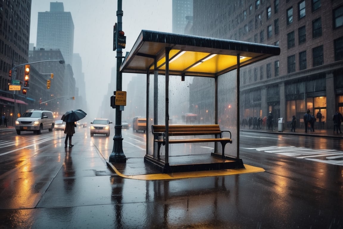 Cinematic photo of New York bus stop under the rain. Professional photo, UHD, 8K, detailed photo, masterpiece, great composition, best quality, contrasted