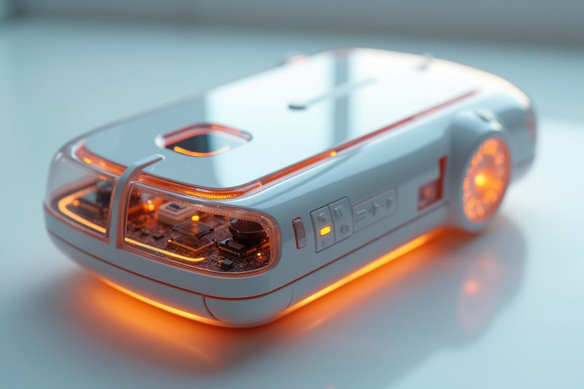 Create a high-quality and crisp detailed image of a mysterious futuristic device. The casing of the device is made from translucent matte white plastic. The electronic components inside the device are faintly visible through the material, but not clearly distinguishable. Dim LED lights are also visible through the casing. The device has orange indicators and buttons made from semi-transparent plastic. The design of the device is in the style of skeuomorphism. The materials and features should be clearly defined to showcase the sophisticated and intricate design of the device.