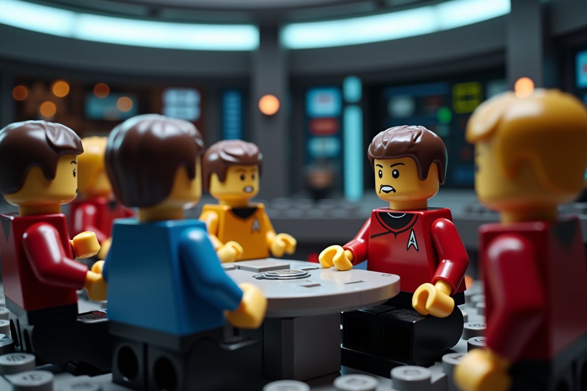 A highly detailed and high-resolution scene from a Star Trek film, reimagined in the style of LEGO. The image should exhibit exceptional clarity and sharpness, with a significant depth of field to enhance the three-dimensional appearance. The colors should be bright and vivid, capturing the iconic aesthetic of both Star Trek and LEGO. The scene takes place on the captain's bridge of a starship, with characters precisely positioned according to their roles in the storyline. Ensure that each character is crafted with distinct LEGO features while maintaining their recognizable characteristics from the Star Trek universe. The setting should be rich in intricate details, including the bridge's control panels, screens, and other technical equipment, all depicted in LEGO form. The lighting should be cinematic, highlighting the intensity and drama of the scene.