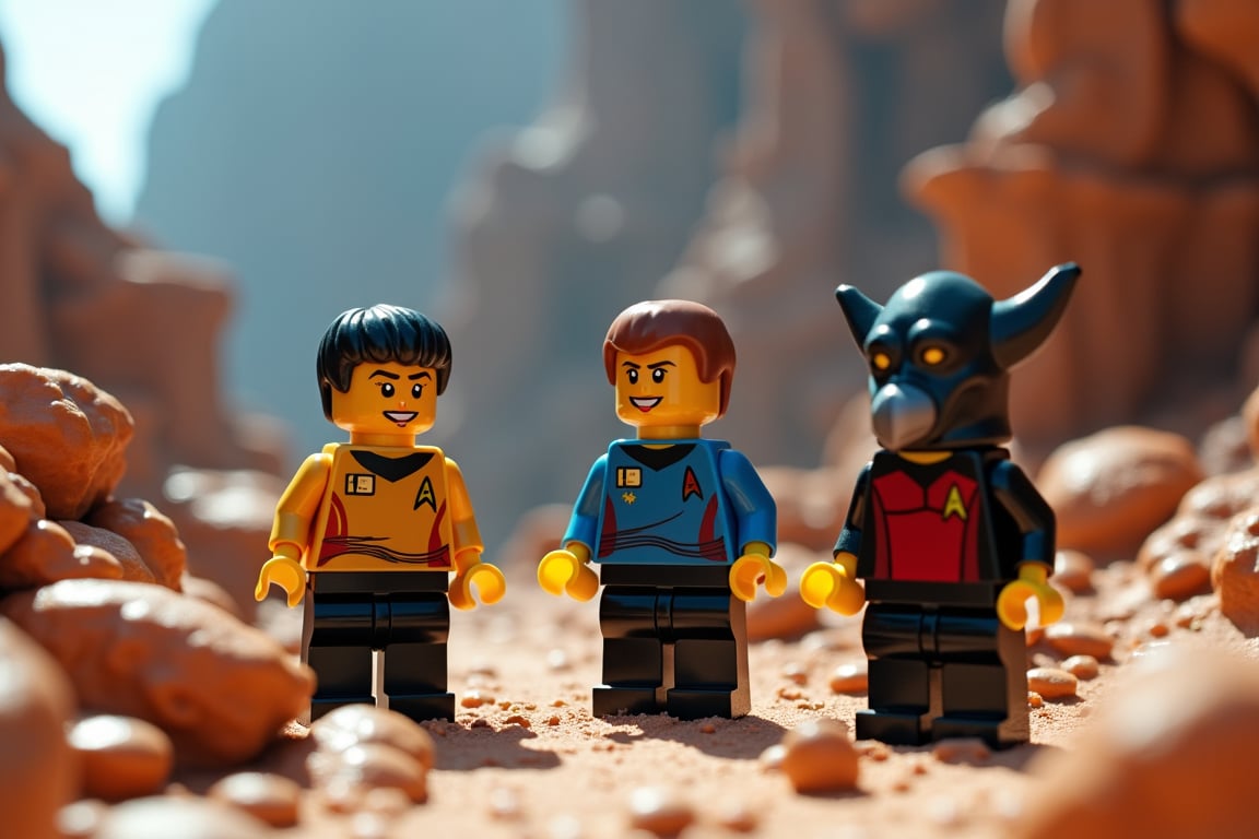 A highly detailed, high-resolution image capturing a scene from a Star Trek movie, reimagined in a Lego style. The photograph should possess exceptional clarity with an impressive depth of field to emphasize the intricate details of the Lego characters and environment. The colors should be vivid and vibrant, creating a visually striking composition. In the scene, the iconic Star Trek characters are depicted on a futuristic alien planet, immersed in the midst of executing a critical mission. The landscape of the planet is filled with imaginative and advanced features, showcasing alien flora, unusual geological formations, and futuristic technology. The Lego characters should be dressed in recognizable Starfleet uniforms, complete with their distinct rank insignias, engaging in activities that reflect their roles on the mission. The scene should convey a sense of adventure and exploration, capturing the essence of the Star Trek universe while utilizing the playful and creative aspects of Lego construction.