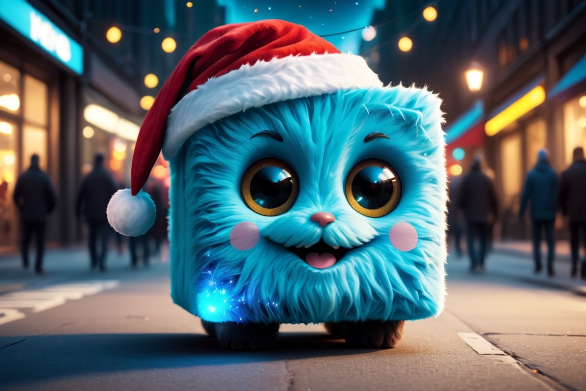 Amazing illustration of happy fluffy furry cyan cube toy with eyes wearing santa hat and celebrating new year on the New Y...
