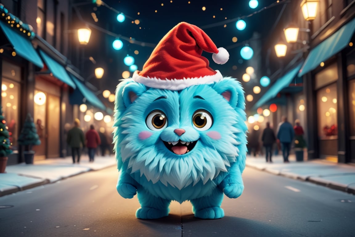 Amazing illustration of happy fluffy furry cyan cube toy with eyes wearing santa hat and celebrating new year on the New Y...