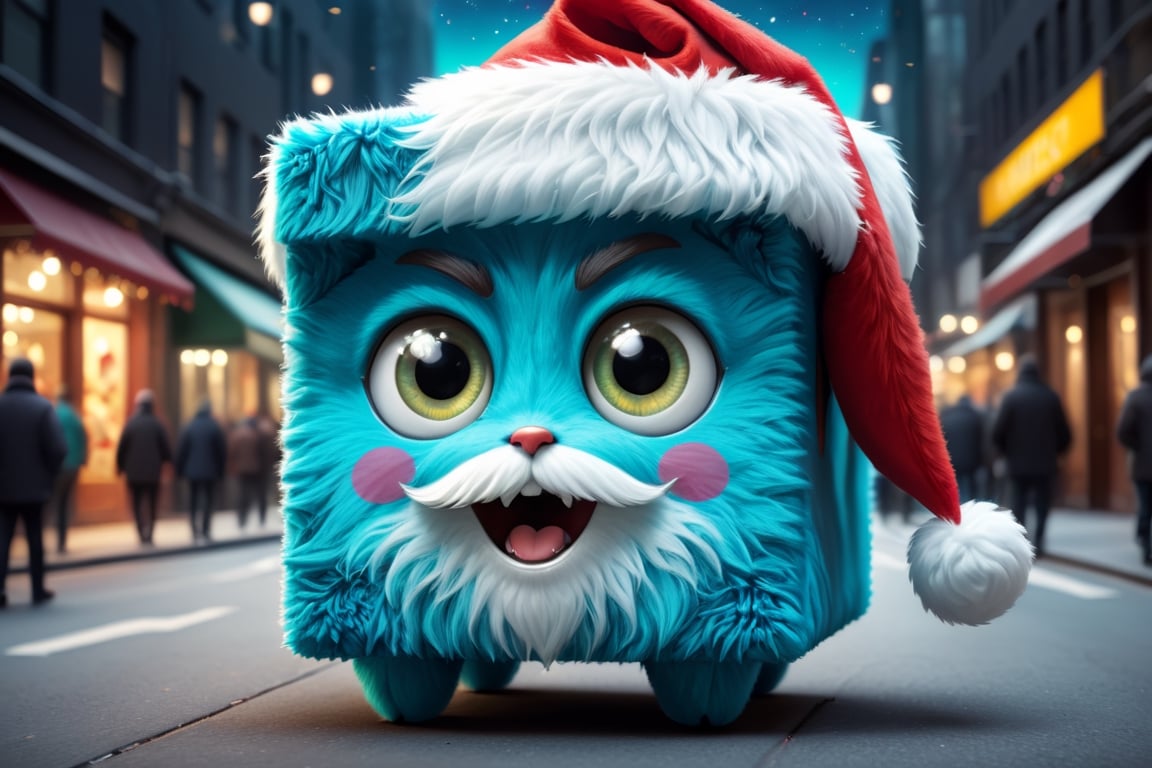 Amazing illustration of happy fluffy furry cyan cube with eyes wearing santa hat and celebrating new year on the New York...