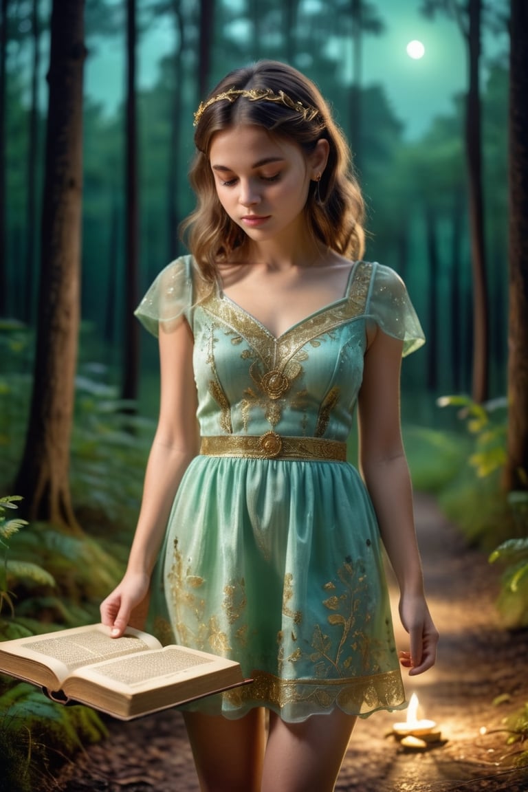 The photo shows a young girl in a short ((sheer)) mint green dress standing on a path in the forest (((at night))). She carefully examines an ancient book with an exquisite cover decorated with gold patterns. The frame close, with focus on the girl and the book.. Depth of blur, professional quality, UHD, 8K, high contrast, good composition, photo_b00ster