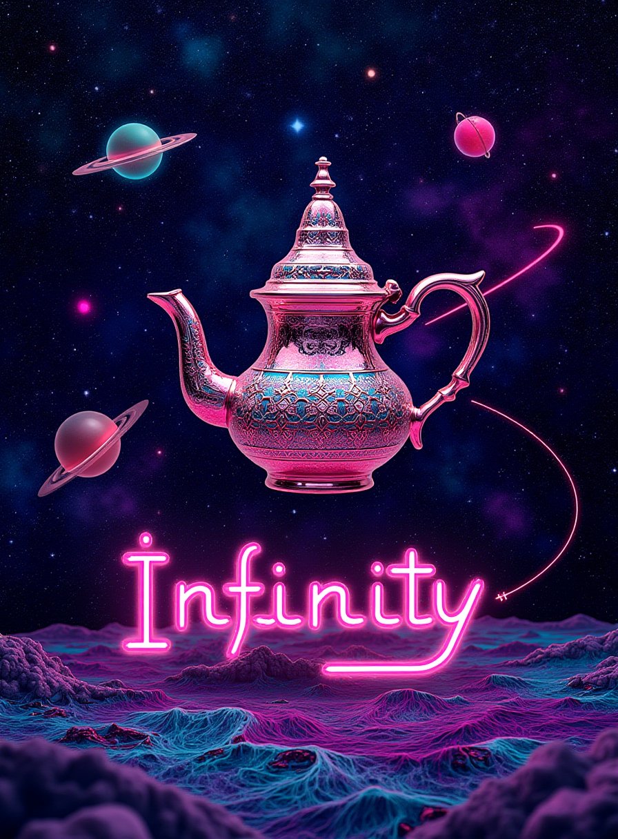 Moroccan Teapot in a Psychedelic Cosmic Landscape: "A Moroccan teapot floats in the vastness of space, but this is no ordinary space—it’s a psychedelic cosmos where stars are multicolored and planets are covered in swirling, fractal patterns. The teapot is made of a strange, reflective material that mirrors the swirling colors of the cosmos. Around the teapot, small celestial bodies orbit, leaving trails of neon light behind them. The scene is both cosmic and intimate, as the teapot seems to be the center of this vibrant, alien universe."

Accompanying Text: The word "Infinity" is formed by the trails of neon light left by the orbiting celestial bodies, with the letters stretching into the depths of space, emphasizing the endless and vast nature of the psychedelic cosmos.,Adrr-T