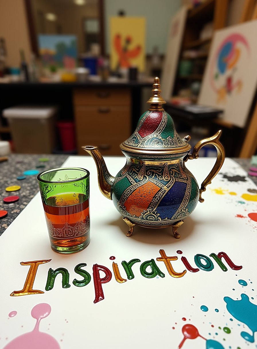 A uniquely designed Moroccan teapot, painted with abstract patterns in bold colors, sits on a cluttered artist’s table. Beside it, a tea glass with vibrant hues of green and gold is half-filled with tea. The studio is filled with canvases, brushes, and splashes of paint, creating an atmosphere of creativity and inspiration. The teapot and glass are both functional and artistic, embodying the fusion of utility and beauty."

The word "Inspiration" is created from the splashes of paint on the table, with the letters forming organically from the colorful strokes, reflecting the artistic energy of the studio