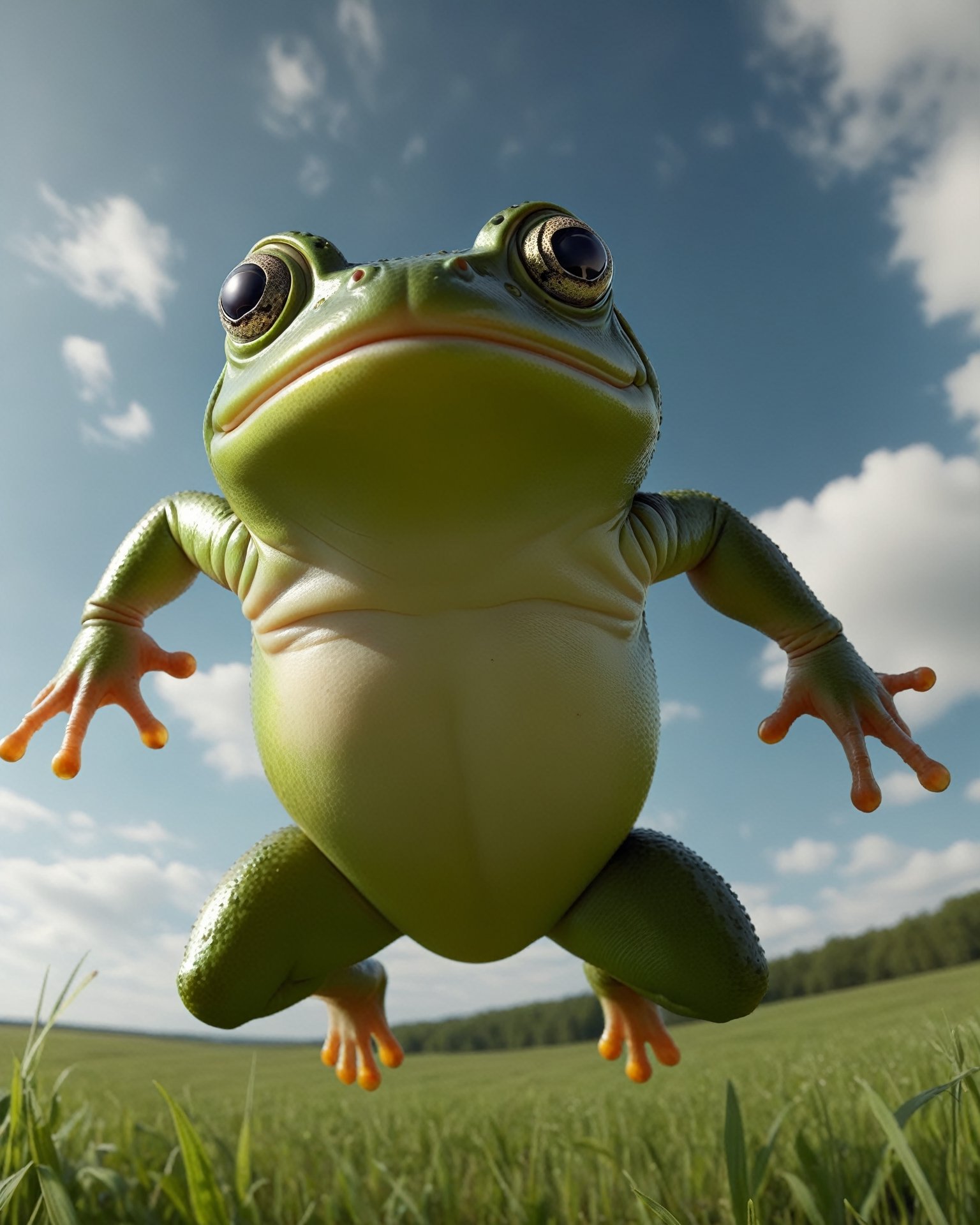 POV shot of a hefty frog, jumping in a field, Hyperpop, glimmering transformation, 4K,zhibi