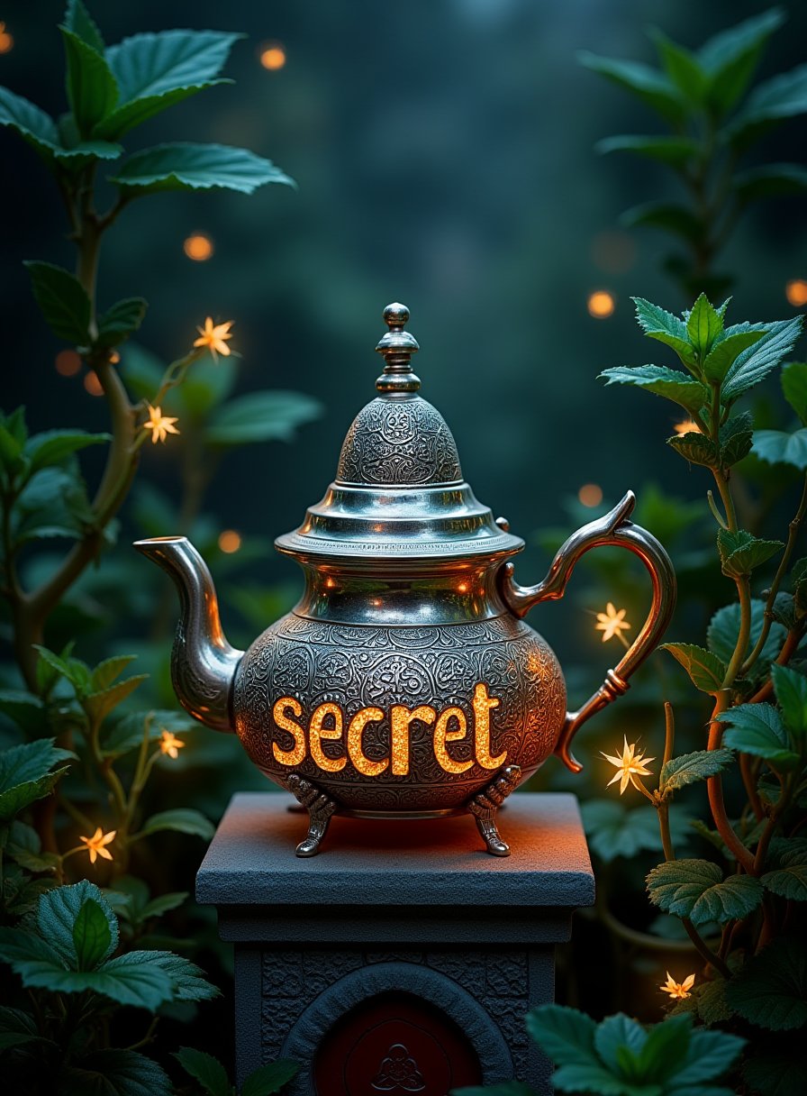 A beautifully ornate Moroccan teapot, intricately engraved with traditional patterns, sits on a stone pedestal in the heart of a secret garden. The garden is lush with exotic plants, their leaves glistening with dew under the soft glow of moonlight. A faint magical aura surrounds the teapot, with tiny, glowing fireflies dancing around it, hinting at the ancient spells woven into its metal. The atmosphere is serene and mystical, as if the teapot holds the key to a forgotten secret."

Accompanying Text: The word "secret" is spelled out by the curling vines and delicate flowers surrounding the teapot. The text appears naturally within the foliage, as if it grew from the earth itself, adding to the enchanting and mysterious ambiance of the scene