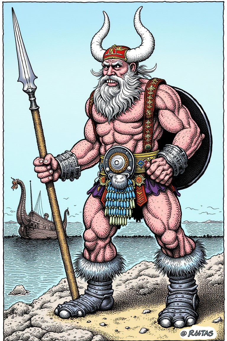 A fierce Viking warrior standing on a rocky shore, with a dragon-headed longship in the background.,R.Crumb Style, titled "BUZZ"