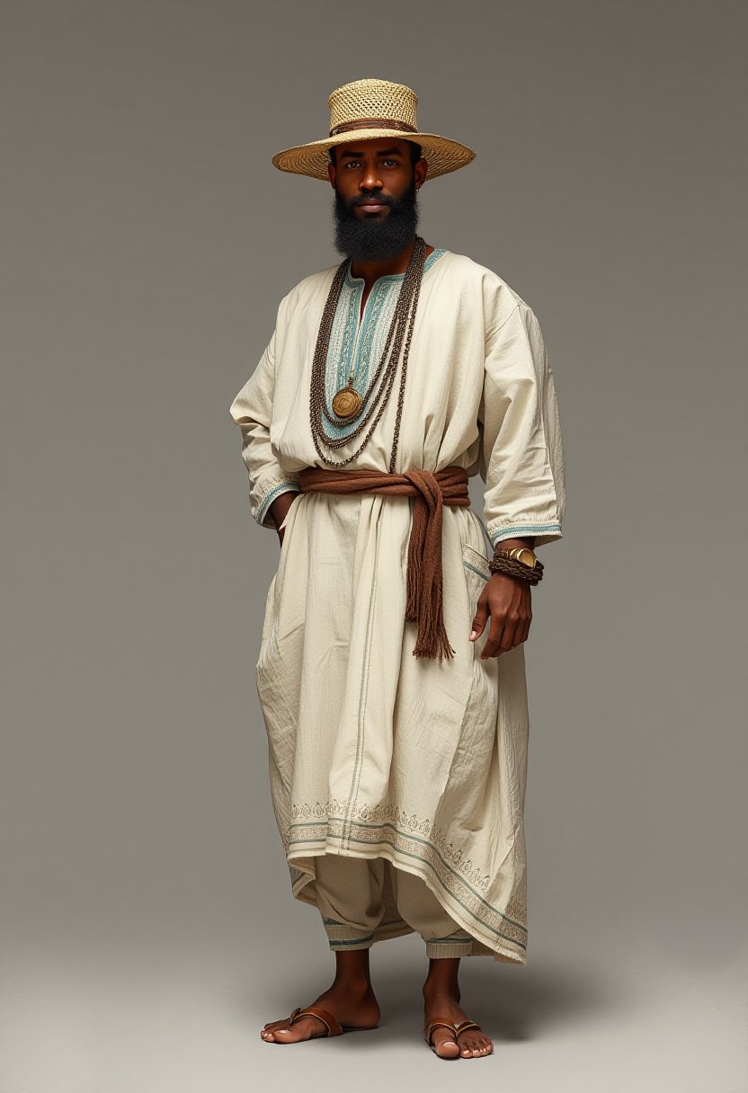 full body, (Simpson),  wearing a traditional Moroccan Djellaba and a straw hat, It looks Sleek on him,DRR-JLB