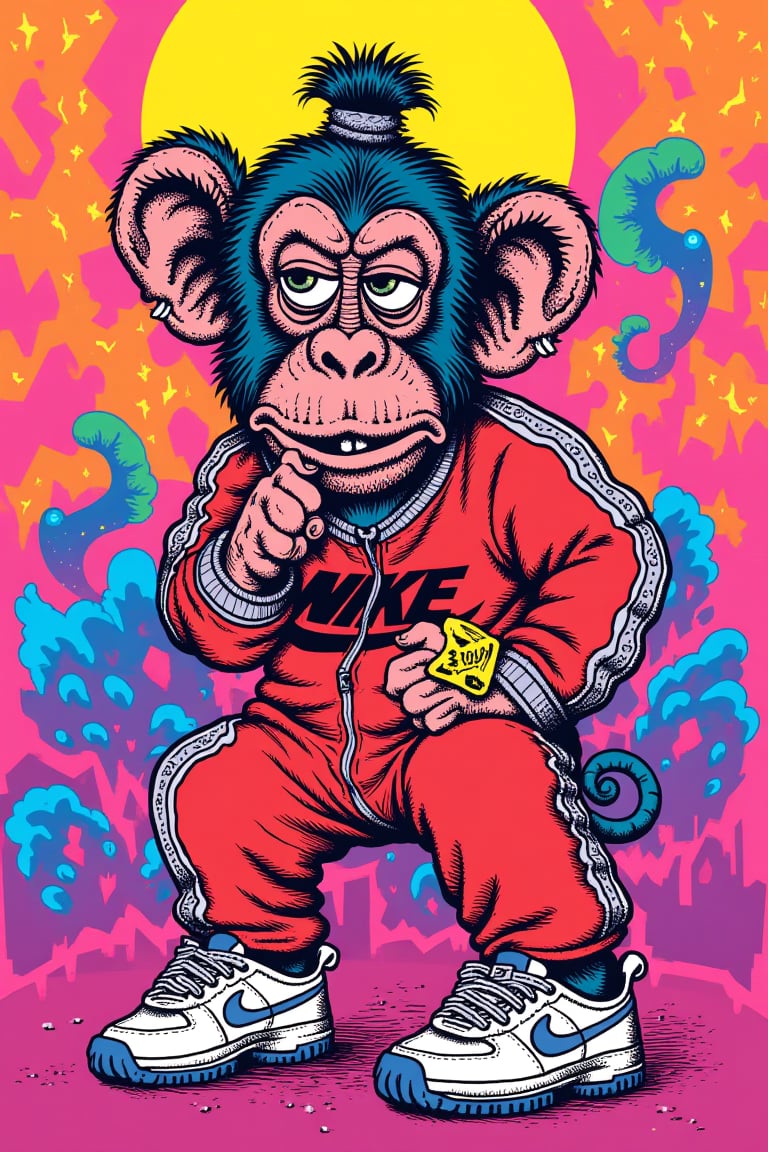 illustrated portrait of a a chimp with a man-bun wearing an nike style tracksuit, the background are geometric shapes in a magical colour scheme,,R.Crumb Style