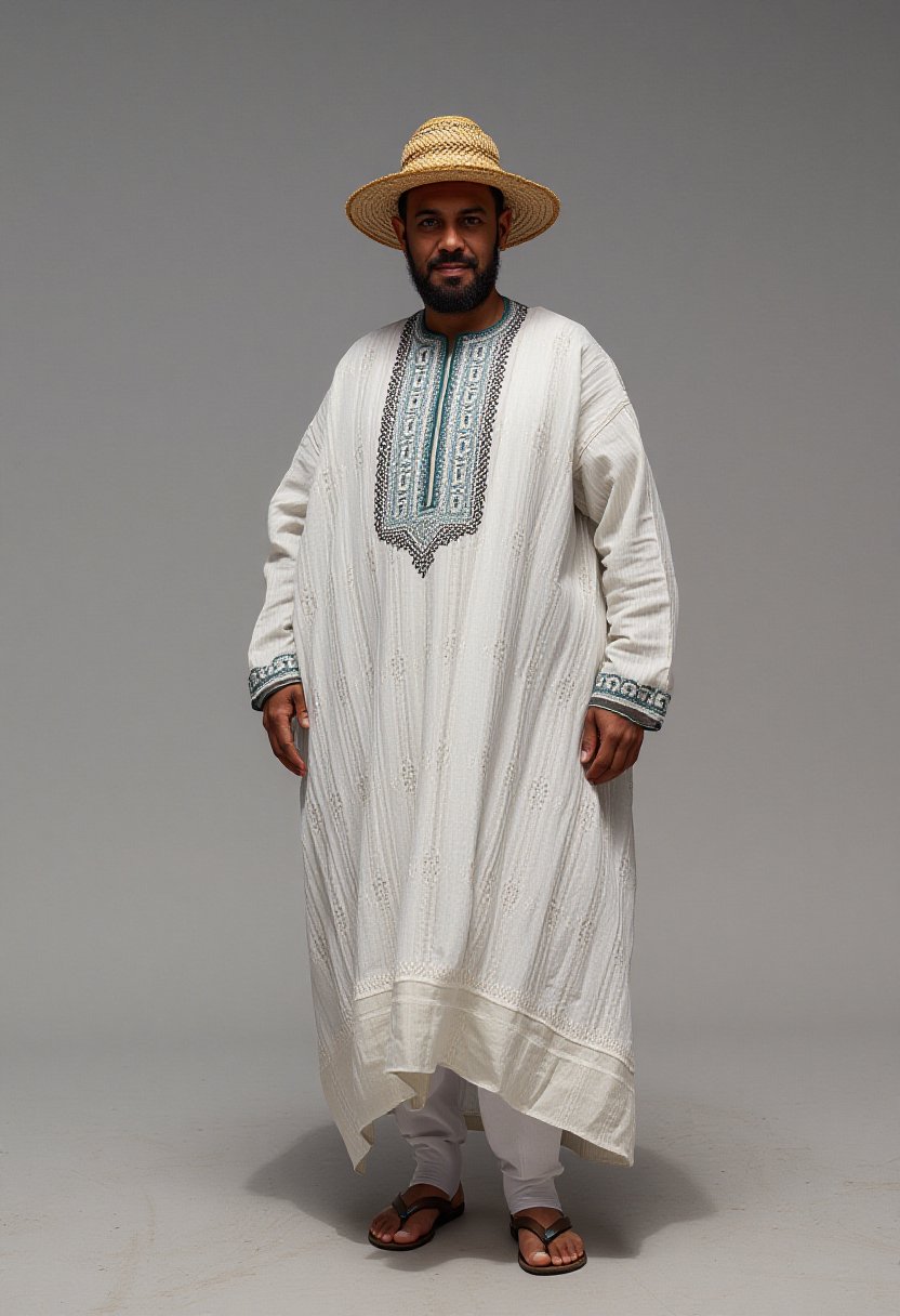 full body, (Simpson),  wearing a traditional Moroccan Djellaba and a straw hat, It looks Sleek on him,DRR-JLB