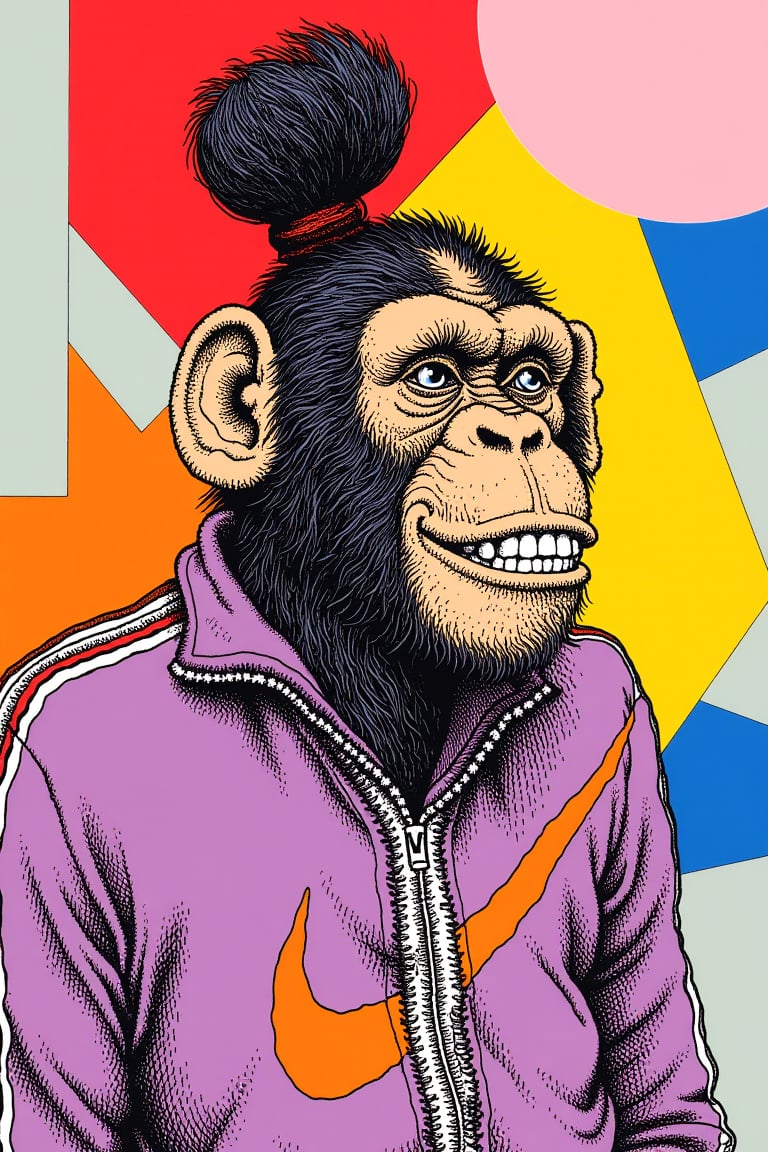 illustrated portrait of a a chimp with a man-bun wearing an nike style tracksuit, the background are geometric shapes in a perfect colour scheme,,R.Crumb Style