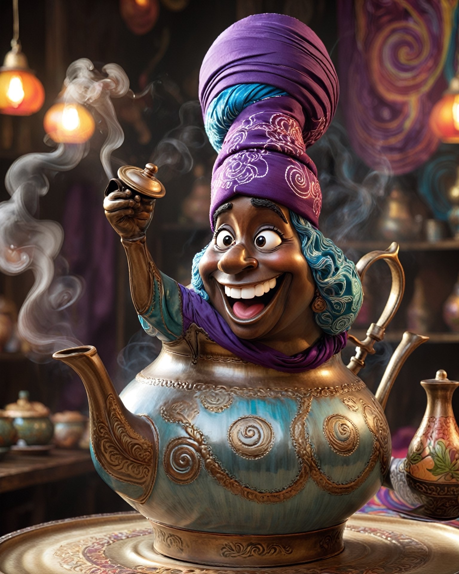 A teapot Genie. A teapot for the genie's body, 
a whimsical face with exaggerated features, a big nose and wide smile. 
swirls of magic smoke around it, 
a comically oversized turban on top! Dramatic lights. Vivid colors. Atai,atai