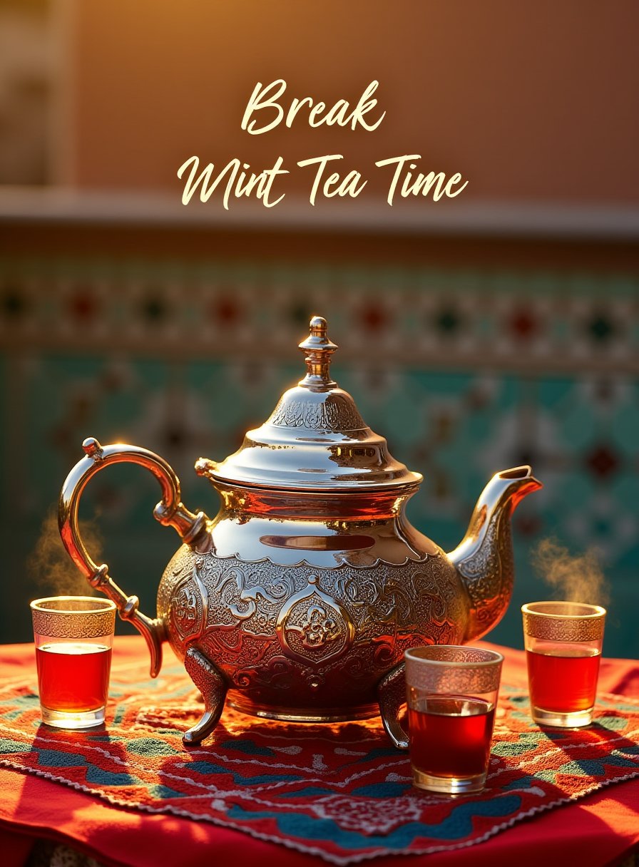 A beautifully ornate Moroccan teapot, intricately designed with traditional patterns and engravings, gleams under the warm, golden light of a sunset. The teapot is crafted from polished silver, with delicate filigree work adorning its curved spout and rounded body. It sits on a richly embroidered Moroccan tablecloth, showcasing vibrant geometric patterns in deep reds, blues, and golds. Around the teapot, small glasses with decorative silver rims are arranged in a semi-circle, filled with steaming mint tea that emits a delicate wisp of steam. In the background, a traditional Moroccan mosaic tile wall in shades of turquoise and white provides an authentic cultural backdrop, adding depth and texture to the scene. The atmosphere is warm and inviting, evoking the sense of a peaceful evening in a traditional Moroccan home,Adrr-T
Break
Mint Tea Time" — The text is written in an elegant, flowing calligraphy style, with gold lettering that shimmers softly against the backdrop of the mosaic tiles. The text is positioned above the teapot, curving gently along the top edge of the image, complementing the overall circular and flowing design of the scene