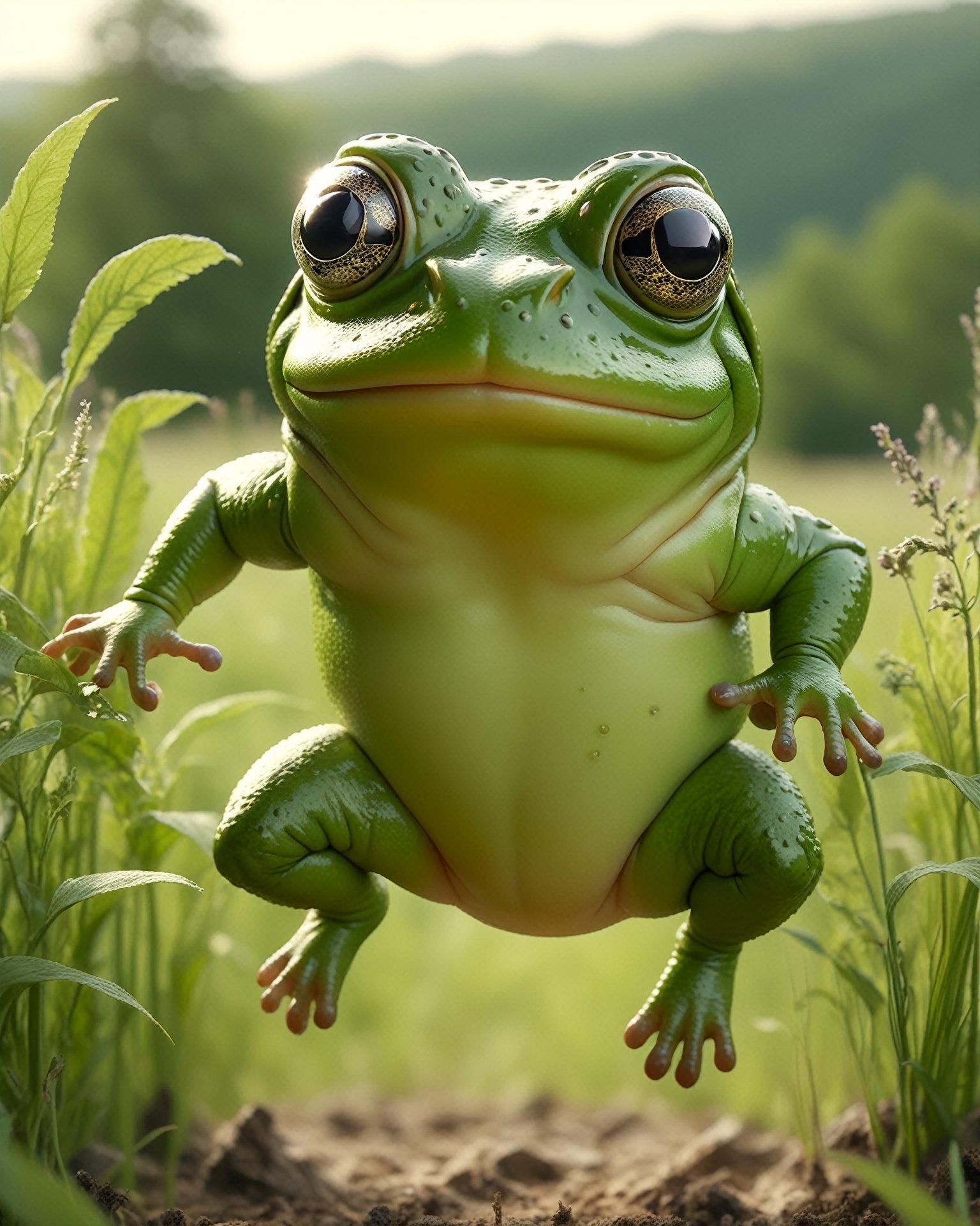 POV shot of a hefty frog, jumping in a field, Hyperpop, glimmering transformation, 4K,zhibi