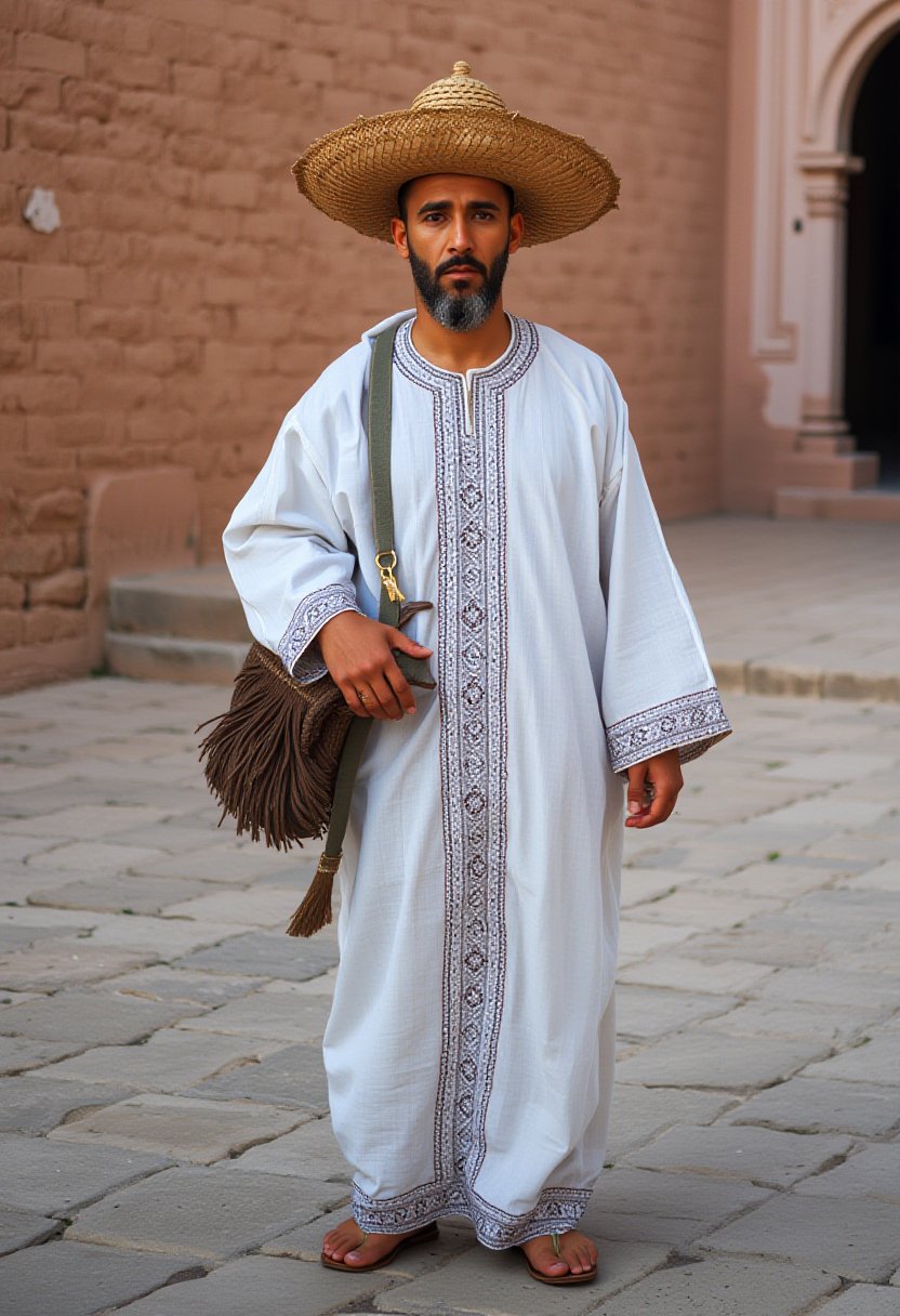 full body, (Simpson),  wearing a traditional Moroccan Djellaba and a straw hat, It looks Sleek on him,drr-jlb,wearing djellaba 