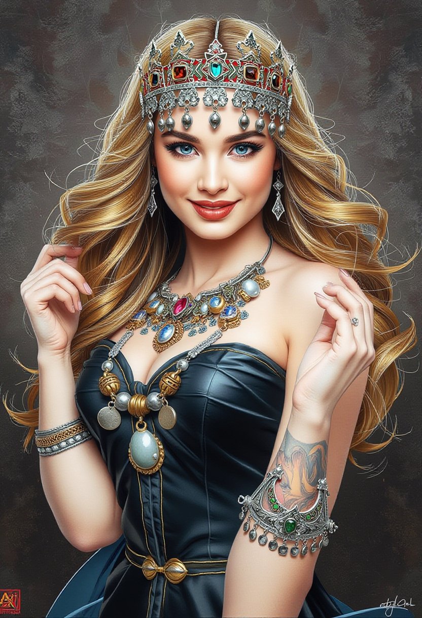 photograph,  (art by Artgerm:1.8),  16k,  highly detailed sharp focus,  highly detailed,  active,  elegant,  confident,  optimistic,  teenager,  smiling,  beautiful,  heroine,  perfect look,  fine skin details,  intricate details,  symetrical vanishing point,  trending on artstation,  Artgerm,  Greg Rutkowski,  Tom Blackwell,  Rubens,  jewelry,  ink tattoo, 
, UshamXL, 