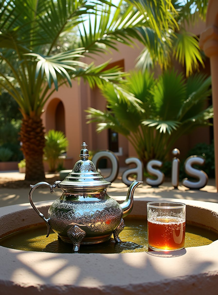 A gleaming Moroccan teapot, decorated with delicate patterns, rests on the edge of a natural spring in a hidden desert oasis. The tea glass beside it is filled with cool, refreshing tea, and the sound of water trickling from the spring enhances the sense of tranquility. Palm trees and lush greenery surround the area, offering shade and a sense of seclusion from the world."

The word "Oasis" is spelled out by the leaves of the palm trees, with each letter subtly formed by the natural curves of the fronds, creating a harmonious connection with the peaceful environment.