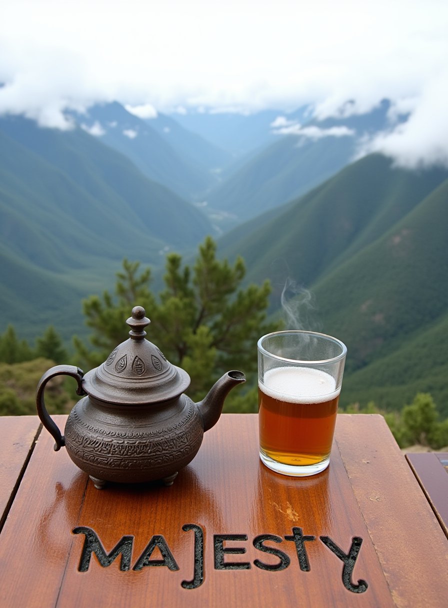 A rustic Moroccan teapot, slightly tarnished but full of character, sits on a wooden table atop a mountain overlook. The tea glass beside it is filled with foaming steaming tea, and a fresh breeze carries the scent of pine. The panoramic view of the mountains stretches out below, with layers of mist rolling over the peaks. The scene captures a moment of solitude and appreciation of nature’s beauty."

Accompanying Text: The word "Majesty" is carved into the wooden table, with the letters blending naturally into the grain, adding a subtle yet powerful statement to the grandeur of the mountain landscape.