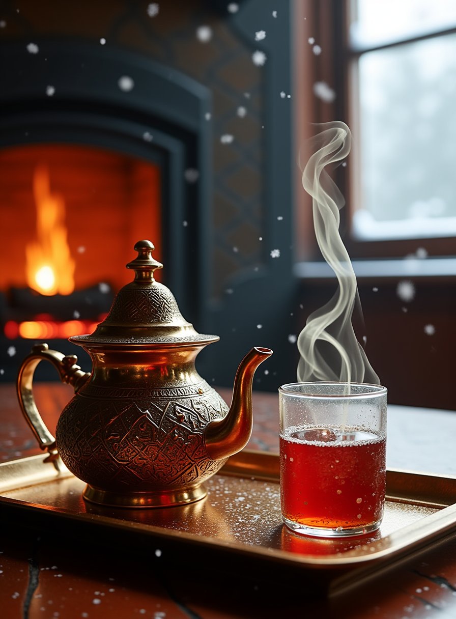 A beautifully crafted Moroccan teapot, steaming with warmth, is placed on a wooden tray beside a tea glass filled with fragrant tea. The setting is a cozy room with a roaring fireplace, and outside the window, snow falls gently. The rich colors of the teapot and the glowing warmth of the tea glass create a contrast against the cold winter outside, evoking a sense of comfort and warmth."

Accompanying Text: The word "Warmth" is spelled out by the tendrils of steam rising from the teapot, with the letters curling gently in the air, adding to the cozy and inviting atmosphere