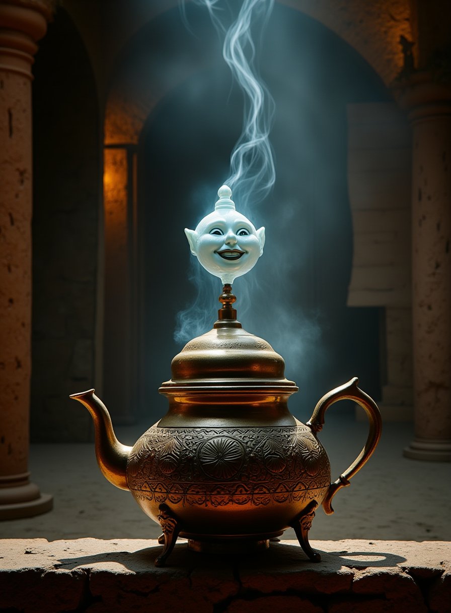 Moroccan Teapot with a Magical Genie: "A traditional Moroccan teapot with a slightly worn exterior sits on a stone ledge in an ancient, dimly lit chamber. As steam rises from the spout, it begins to swirl and form the shape of a mystical genie, translucent and shimmering with ethereal light. The genie's features are delicate and otherworldly, with a mischievous smile playing on its lips. The walls of the chamber are lined with ancient scrolls and artifacts, and the atmosphere is thick with the scent of incense and the promise of wishes yet to be granted