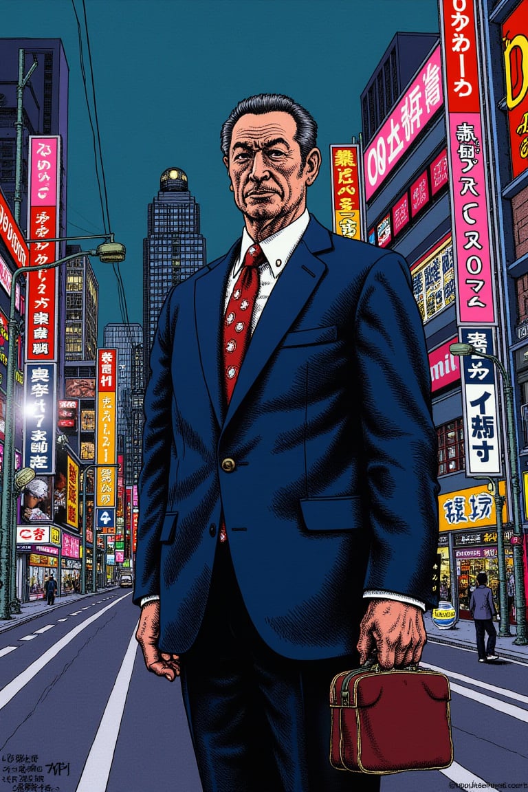 A Japanese businessman in a sharp suit, holding a briefcase, standing in front of a modern cityscape with neon signs,R.Crumb Style