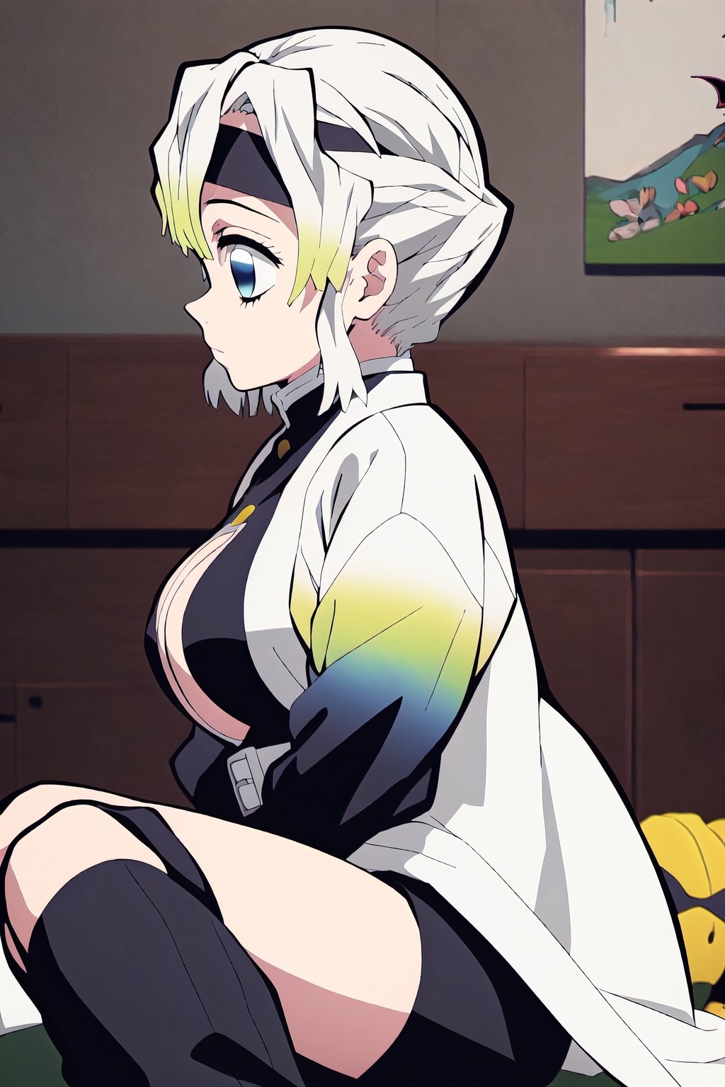 masterpiece, best quality, 1girl, white hair, brown skin, shinobu(demon slayer),demon slayer) ,kimetsu no yaiba, demon slayer uniform, white belt, black pants, crystal blue eyes,  breast,tits,  dark skinned gril, dark skin, short hair,  (Demon slayer), kimetsu no yaiba art style, demon slayer(series), black headband, chest exposed , demon slayer uniform, brown skin, , white hair, black headband , black pants, black shirt,  black pants,almond eyes, , short hair, straight hair, black headband, eye lashes, big chest, small eyes, bangs,  big breast, black headband, big boobs, white sleeves, long sleeves,  upper body, sitting, hugging legs, sitting down, side profile, serious, 