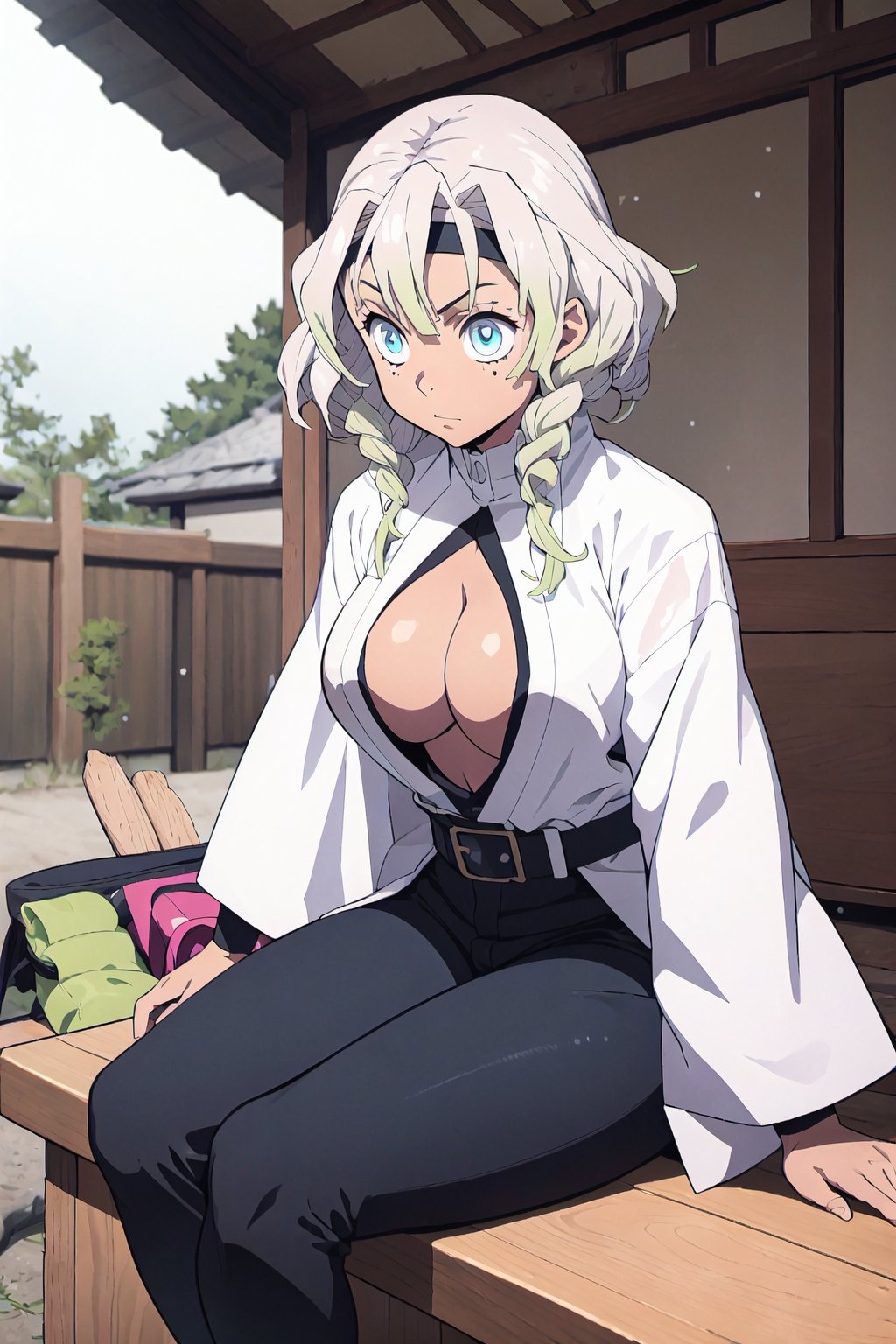 masterpiece, best quality, 1girl, white hair, brown skin, shinobu(demon slayer),demon slayer) ,kimetsu no yaiba, demon slayer uniform, white belt, black pants, crystal blue eyes,  breast,tits,  dark skinned gril, dark skin, short hair,  (Demon slayer), kimetsu no yaiba art style, demon slayer(series), black headband, chest exposed , demon slayer uniform, brown skin, , white hair, black headband , black pants, black shirt,  black pants,almond eyes, , short hair, straight hair, black headband, eye lashes, big chest, small eyes, bangs,  big breast, black headband, big boobs, white sleeves, long sleeves, stance, fighting, snow,   mad, big breast, bouncing_breast, side profile, sitting on roof, traditional japanese roof, nighttime, warm lighting, socks, sandals