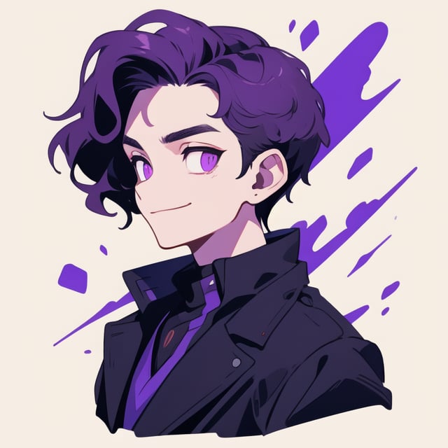 Man, elegant and enigmatic shapeshifter with dark wavy purple hair. He has glowing violet eyes and a friendly expression, showing maturity and a warm smile. His posture is upright and majestic, projecting an enigmatic silhouette that suggests a deep connection with the nocturnal environment, revealing his essence as a being of darkness. He wears a black trench coat, with refined details in the eyes. Side profile, head and shoulders visible, facing the camera with firm posture, head and body looking directly at the camera, eyes locked, full frame, head centered with hair visible,  simple details