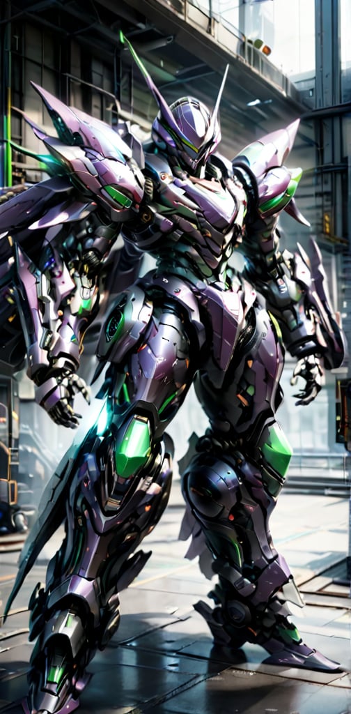 A masterpiece, a realistic photograph of a futuristic scene where there are two androids equipped with very high artificial intelligence. Their armor is purple and black with green fluorescent lines on the lower and upper limbs, they have a reinforced and massive helmet. Realistic metallic armor. The body is muscular. Web print. Full body view. 