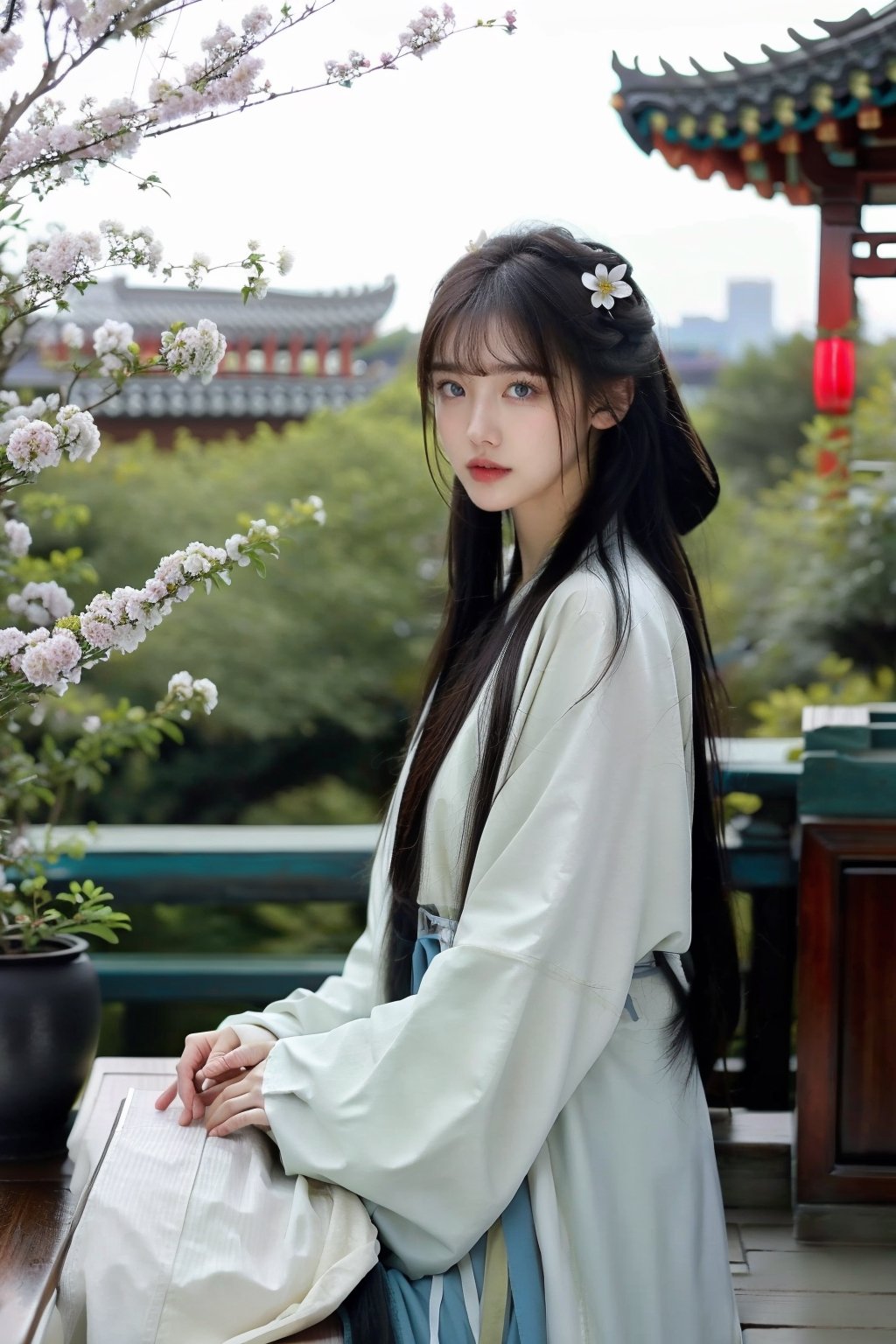 High Quality, Lossless, Clean, Raw, High Quality, Lossless, Clean, Raw, HD, girl, alone, clear lights, bangs in her hair, blue eyes, beautiful girl, perfect body, Color Booster,Realism, 1girl, solo, long hair, looking at viewer, skirt, black hair, hair ornament, long sleeves, standing, flower, indoors, wide sleeves, book, window, chinese clothes, table, plant, book stack