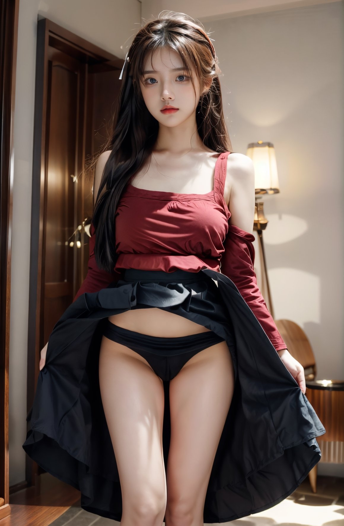 (glamour1.3) photo of a beautiful (teenage) woman with visible collarbone,  , Aesthetic,  dramatic lighting, cinematic shot, 50mm lens, rule_of_thirds, Fujicolor_Pro_Film,asian girlm naked, NSFW,windlift, black_skirt, windlift, dress, standing, underwear, panties,hakurei reimu, red hakama, red long skirt, long skirt, windlift, skirt_lift, smile, sexual arousal 