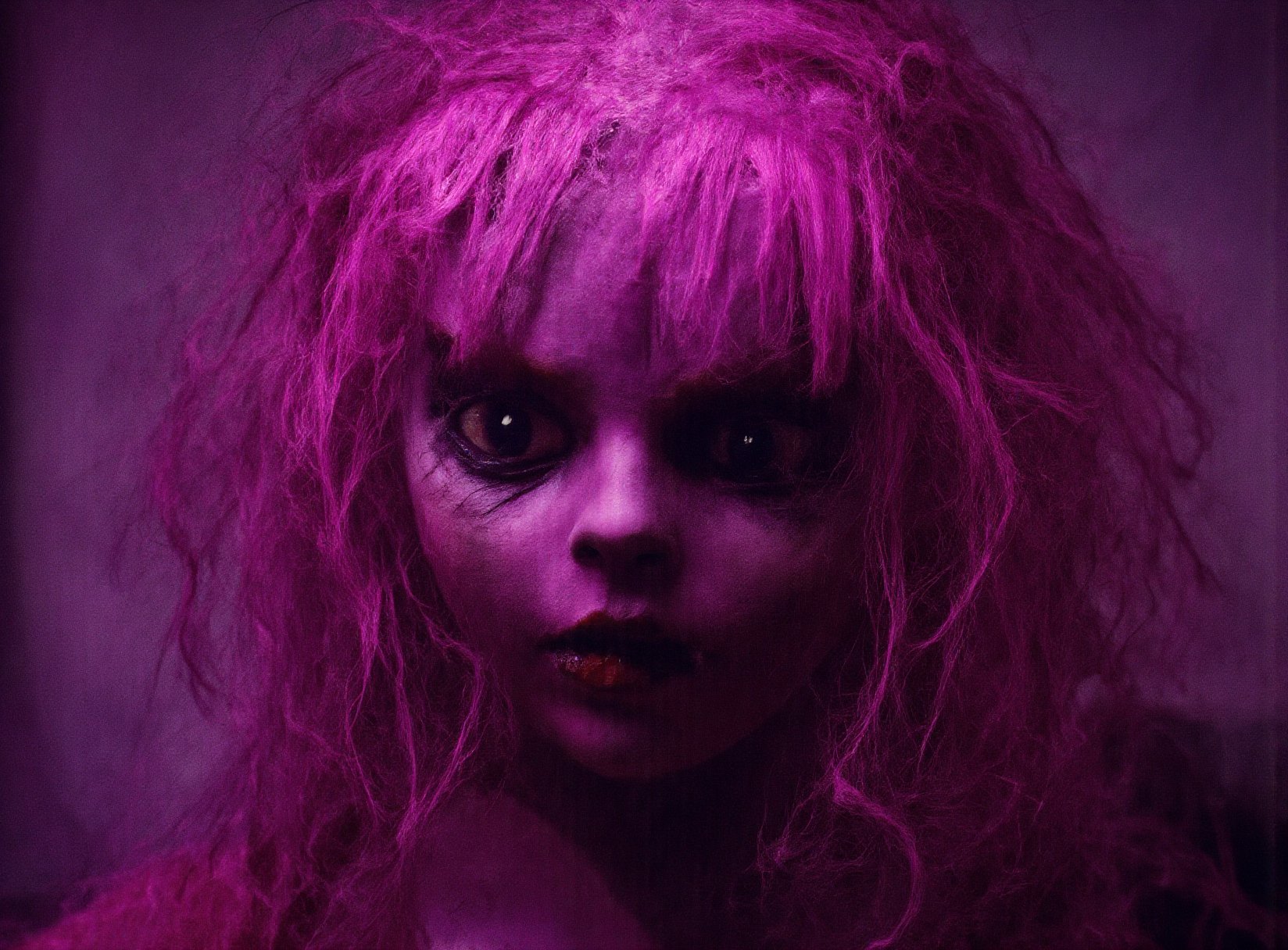 Super detailed, super realistic, beautiful purple skinned girl with long curly pink hair and blunt bangs, red lipstick,
 almond eyes, ((over-sized eyes)),horror face,80horror