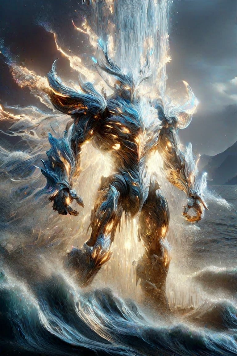 In this breathtaking 8K masterpiece, the Water God descends from the heavens, grasping an enormous hammer that illuminates the dark background with a warm, golden glow. The mecha, encased in ultra-realistic, high-detailed metallic armor, stands tall amidst shards of debris and destruction. As the Water God brings down the hammer, the mecha's metal body shimmers under the intense light, radiating an aura of power and resilience.