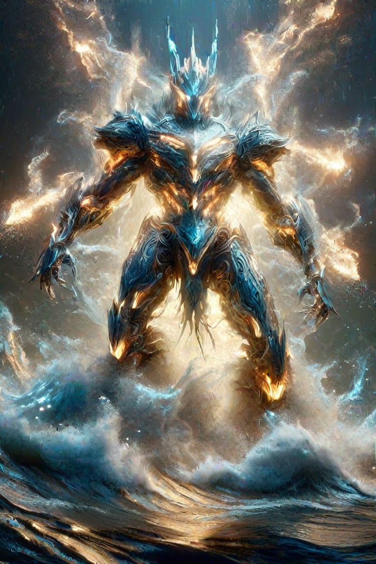 In this breathtaking 8K masterpiece, the Water God descends from the heavens, grasping an enormous hammer that illuminates the dark background with a warm, golden glow. The mecha, encased in ultra-realistic, high-detailed metallic armor, stands tall amidst shards of debris and destruction. As the Water God brings down the hammer, the mecha's metal body shimmers under the intense light, radiating an aura of power and resilience.