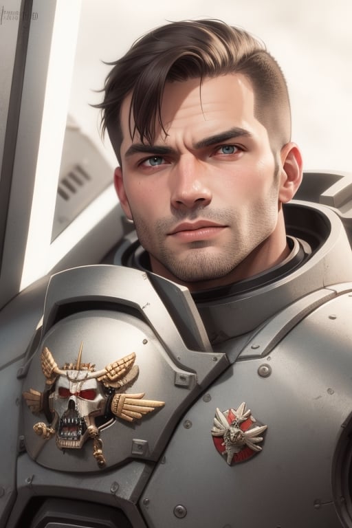 space marine, armored, warhammer space marines, no helmet, face reveal, eyes: brown